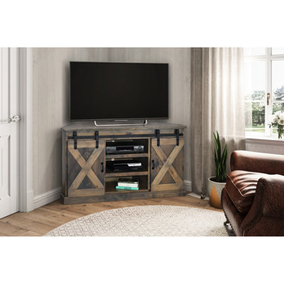 Meuble télé de coin de 56 po, rustique, sans assemblage, avec finition, pouvant accueillir des téléviseurs de 60 po, style distinctif de 56 po, pouvant accueillir des téléviseurs