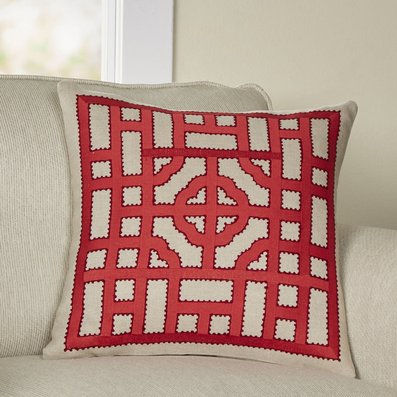  Linen Pillow Cover, Neutral\Red, 20" H x 20" W x 1" D