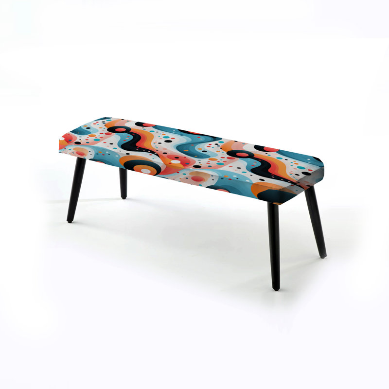 Midcentury Upholstered Black Bench, Cheerful Polka Dot Swirl Dance