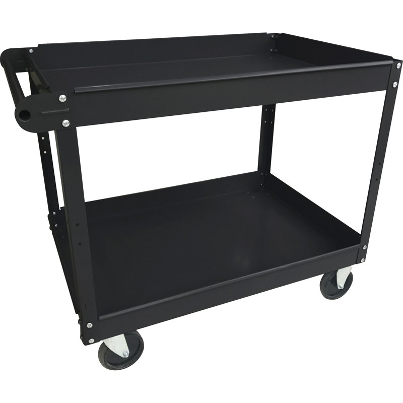 Black Steel 2-Shelf Utility Cart with Raised Lip
