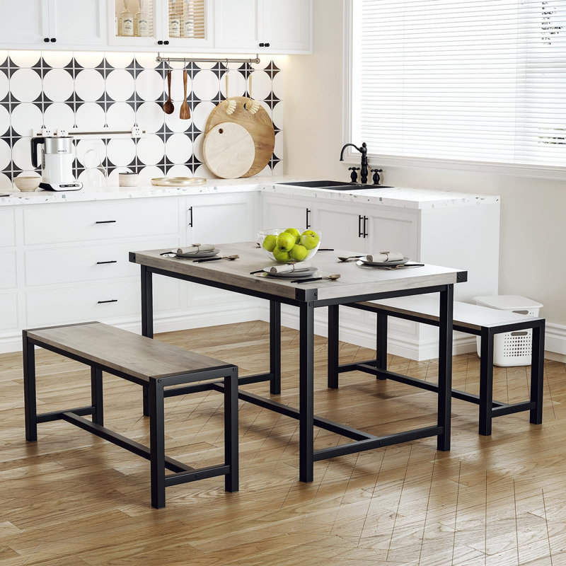 Ensemble de table de cuisine 3 pièces noir avec 2 larges bancs - base en H, surface imperméable, ensemble repas compact pour 4 personnes, peu encombrant pour les petits espaces