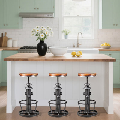 Set Of 3 Antique Industrial Round Bottom Adjustable Height Cafe Coffee Retro Vintage Stylish Water Pipe Design Pub Kitchen Bar Stool