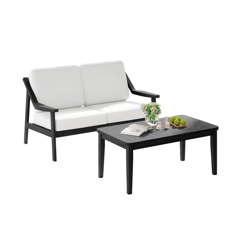 Ensemble de patio d'extérieur pour deux personnes en teck avec coussins et table basse Marlo, Beige, Noir