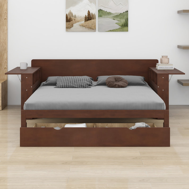 Lit de jour avec bureau amovible, tiroirs de rangement et table d'appoint hydraulique, Espresso