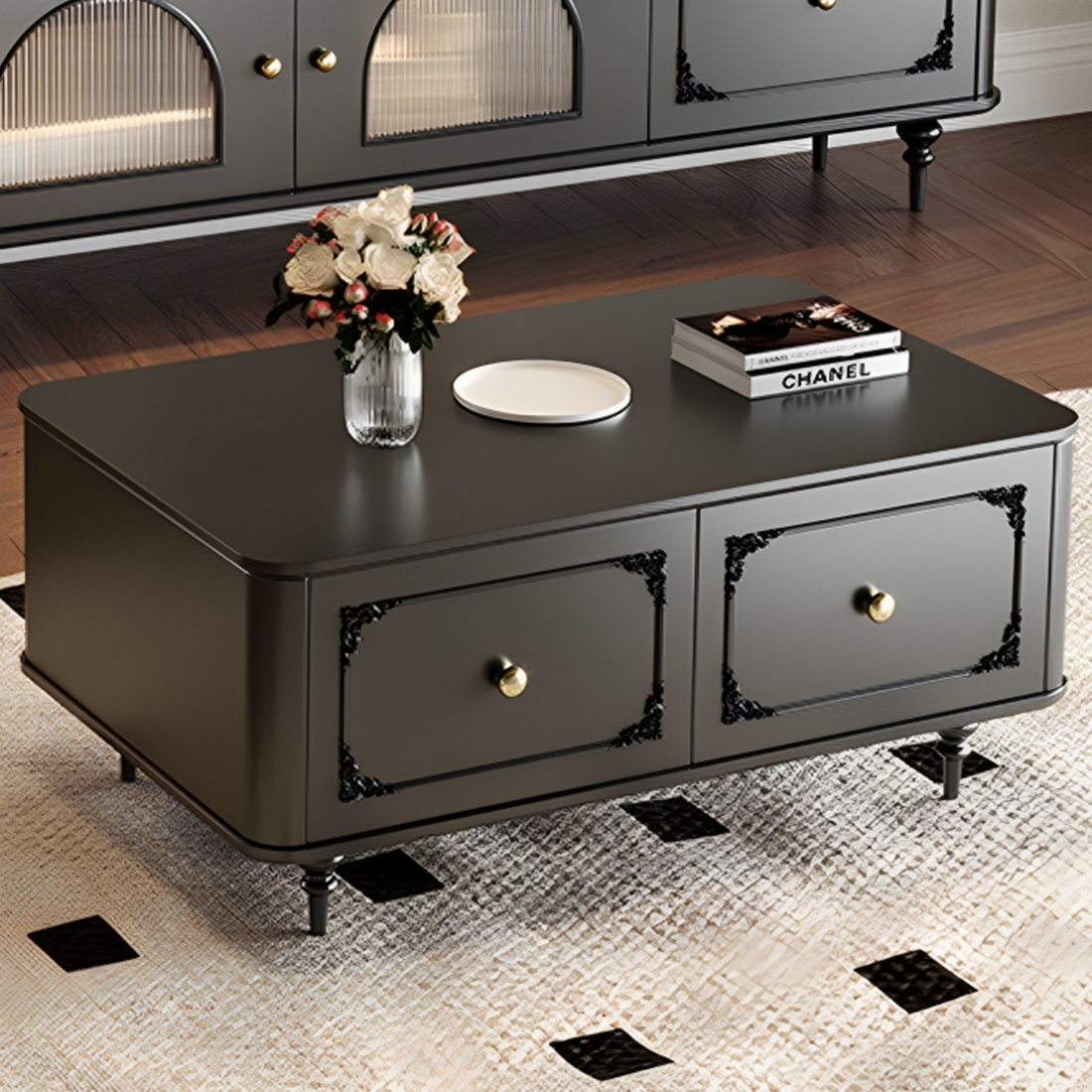 Aurora Craft Black Birch Wood TV Stand And Coffee Table Set 2 Piece