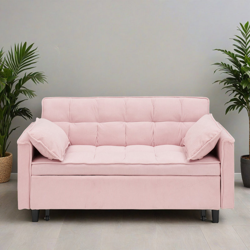 54.32" Square Arm Tufted Back Pull Out Sleeper Sofa with Cushions, Pink