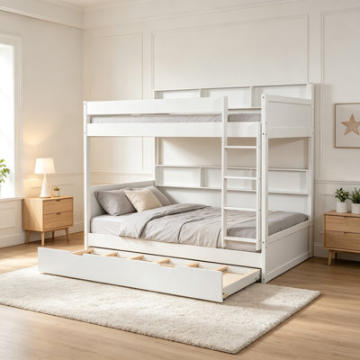 Lit double superposé au dessus d'un lit double avec lit gigogne, blanc