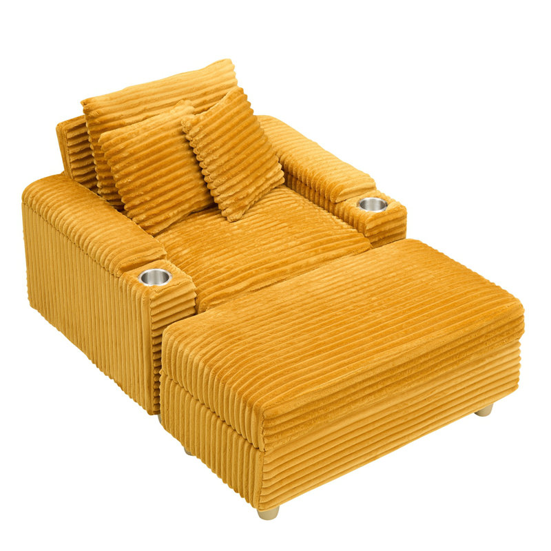 Canapé en velours côtelé simple avec un oreiller, deux coussins décoratifs, un repose-pieds et deux espaces de rangement