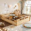 Lit plateforme grand format avec garde-corps pleine longueur, base de lit grand profil bas avec support en lattes de bois, aucun sommier tapissier requis, naturel-72396525