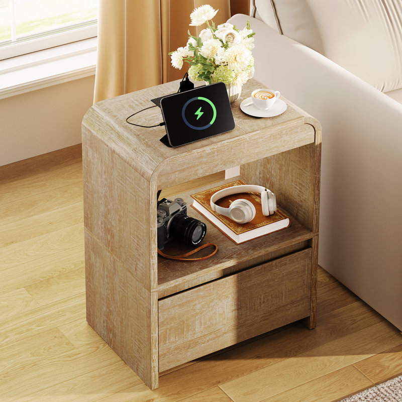 Table de chevet moderne avec station de recharge, tiroir et tablette ouverte, Naturel