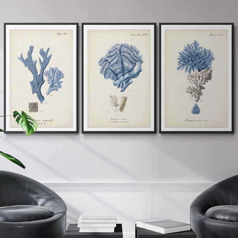Corail antique en bleu marine, ensemble de 3 pièces encadrées sur toile, Noir, H 40 po x l 78 po