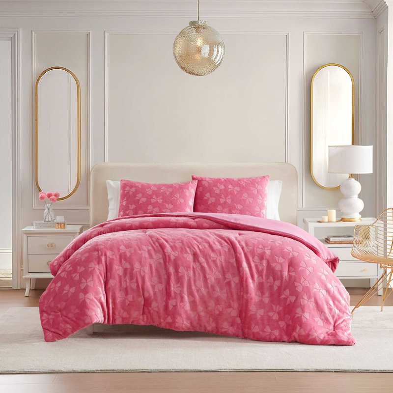 Ensemble d'édredon en peluche rose Betsey Johnson Flirty Bows, Édredon pour lit simple + 1 taie décorative stan