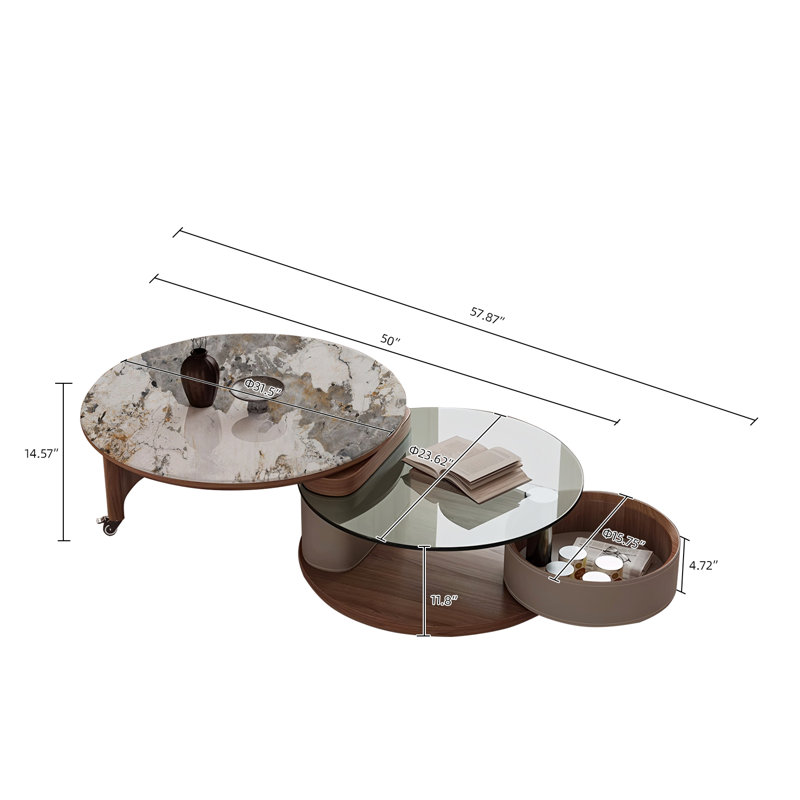 2-Piece Rotating Nesting Coffee Table Set with Sintered Stone Top and Glass Table with Hidden Drawer