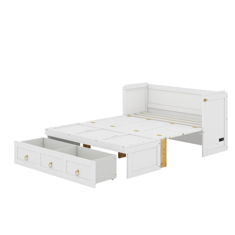 Lit escamotable avec port USB et grand tiroir, Lit double, Blanc