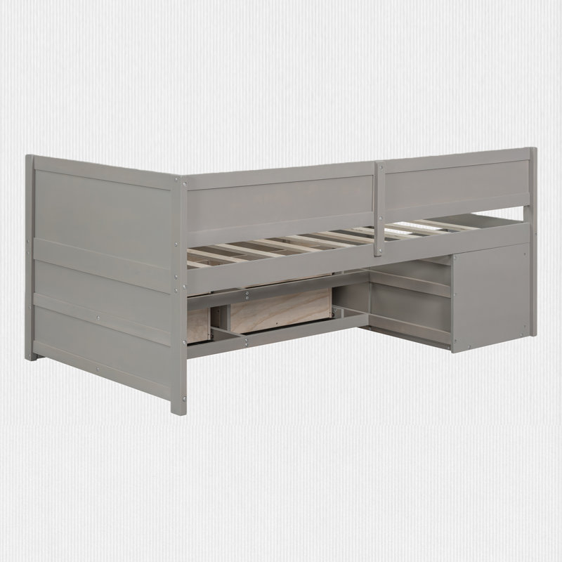 Lit de jour simple avec tiroirs et tablettes de rangement, gris
