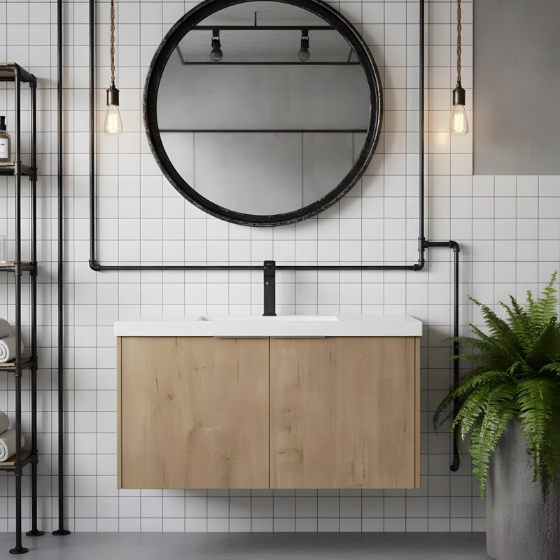 Meuble-lavabo à fermeture en douceur avec lavabo, Imitation chêne, 35"