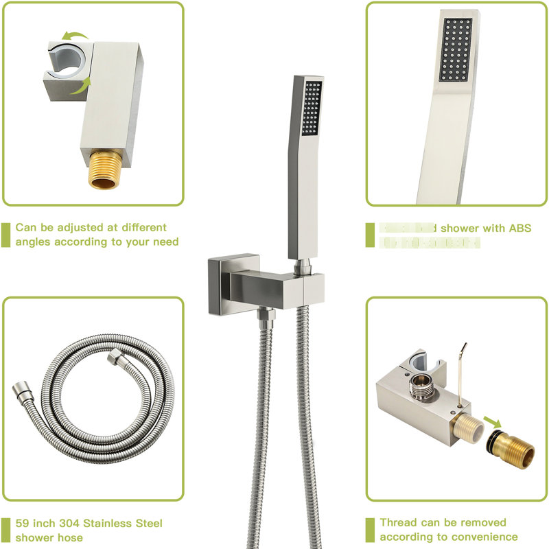 Système de douche avec bec de baignoire en cascade - Plafonnier carré en nickel brossé à 3 fonctions de 12 pouces, valve de pluie et de poche et installation pratique