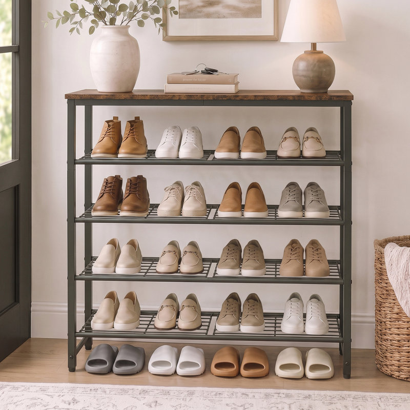 Shoe Rack Metal and Wood Design Space Saving Large Capacity Organizer for Closet Entryway Bedroom Living Room, 31.2" H x 29.5" W x 11.4" D, Brown
