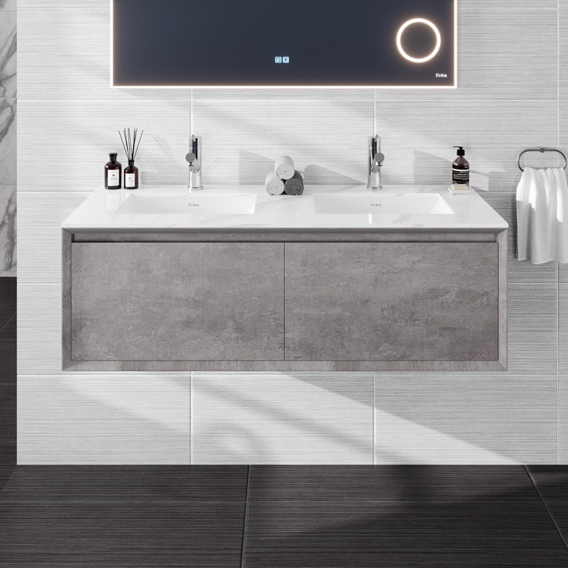 Hereford 48 In. Concrete Gray Wall Mount Double Sink Bath Vanity With Carrara Quartz Top And Undermount Porcelain Sinks, 48"