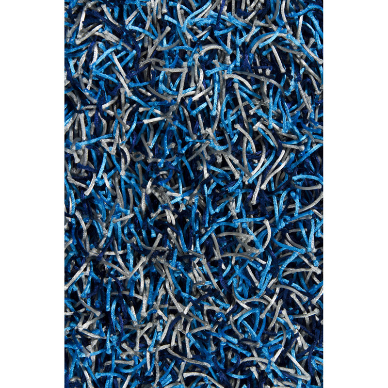 Callum Authentic Hand Woven Handmade Triple-Mixed Blue, Silver & Aqua Modern Abstract Polyester Shag Area Rug, Blue/Silver