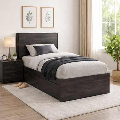 Roby Twin Bed W 4 Storage Drawers Adjustable Headboard Shelves, Dark Gray
