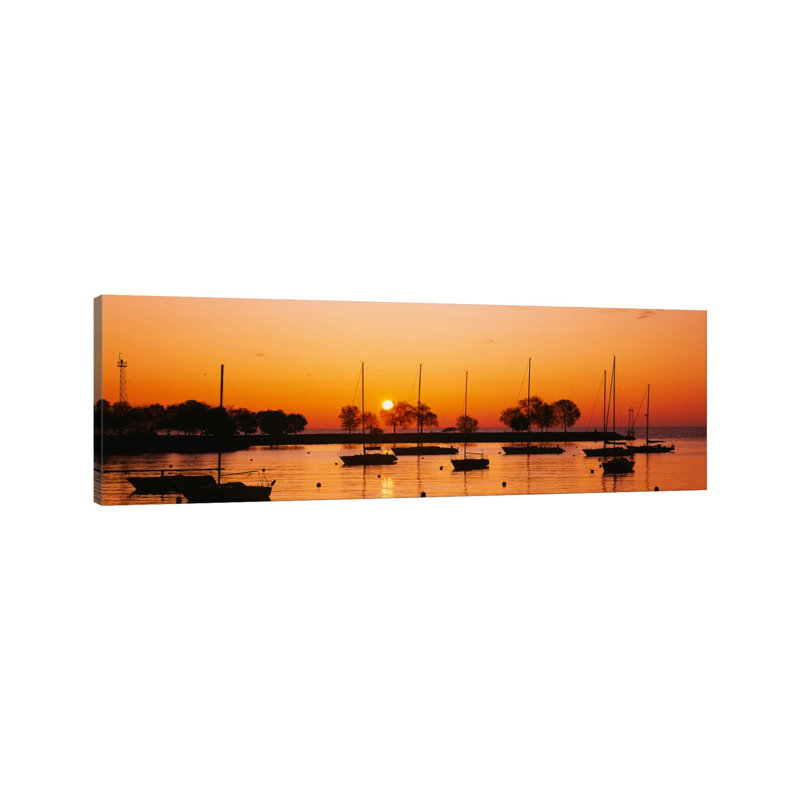 Silhouette Of Sailboats In A Lake, Lake Michigan, Chicago, Illinois, USA - Wrapped Canvas Panoramic Print