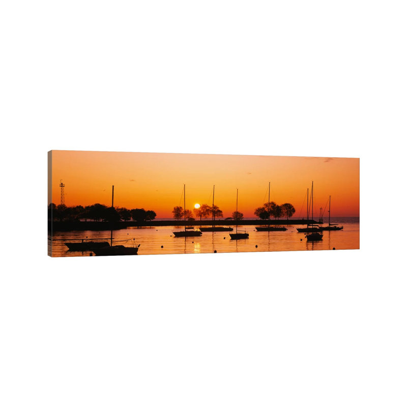 Silhouette of Sailboats in a Lake, Lake Michigan, Chicago, Illinois, USA 1 Piece Wrapped Canvas Panoramic Wall Art