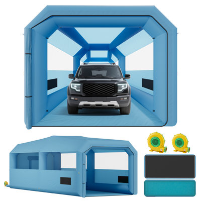 Cabine de peinture gonflable AMERLIFE 40 x 16,5 x 13,1 pi avec soufflantes de 1 100 W et 750 W, système de filtres à 4 étapes et toit de pointe, cabine de peinture portable avec fenêtres en PVC pour le bricolage, détails mobiles, finition automatique