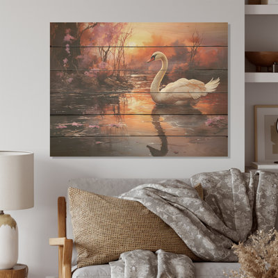 Mystic Dawns Swan - Swans Wood Art On Natural Pine Wood
