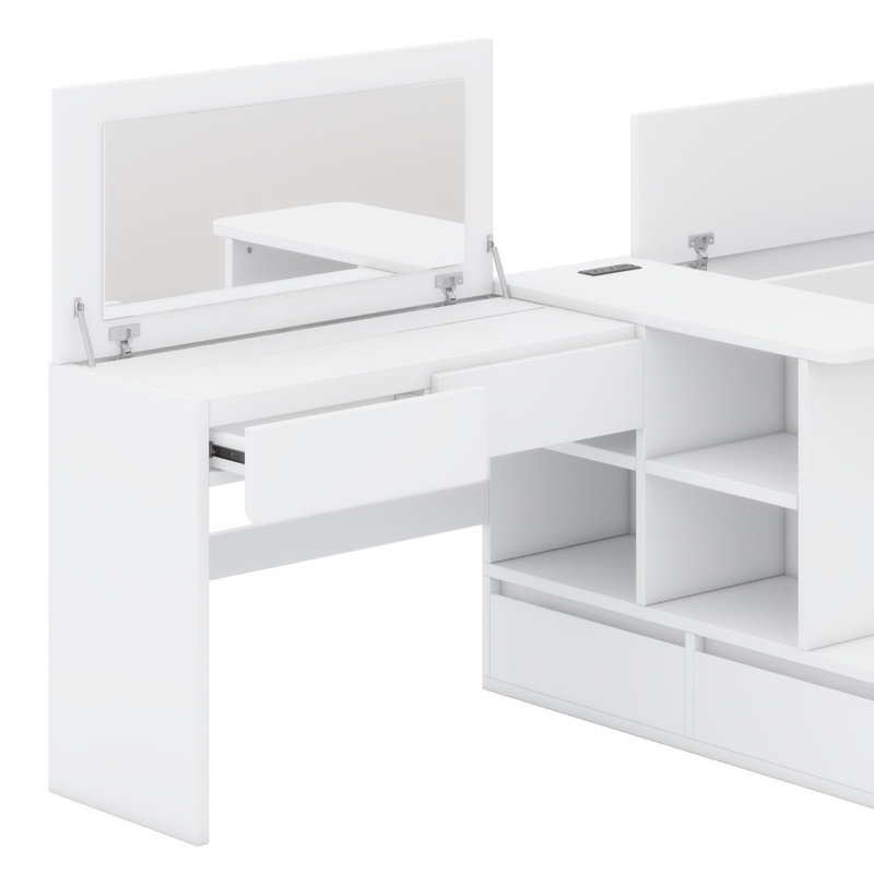 Lit plateforme en bois avec tiroirs, tablettes et coiffeuse, Blanc