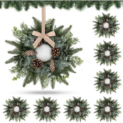 8 PCS Christmas Mini Cabinet Wreaths for Kitchen with Burlap Ribbon Norfolk Snowy Pine Needles Garland Pinecones Artificial Cedar Wreaths for Xmas Front Door Window Home Table Pillar Chair Wall Decor