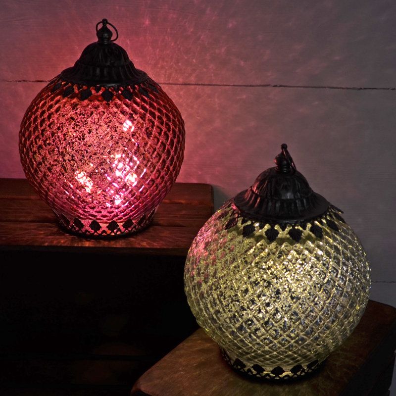Moroccan Style Glass LED Lantern, Pink/Silver