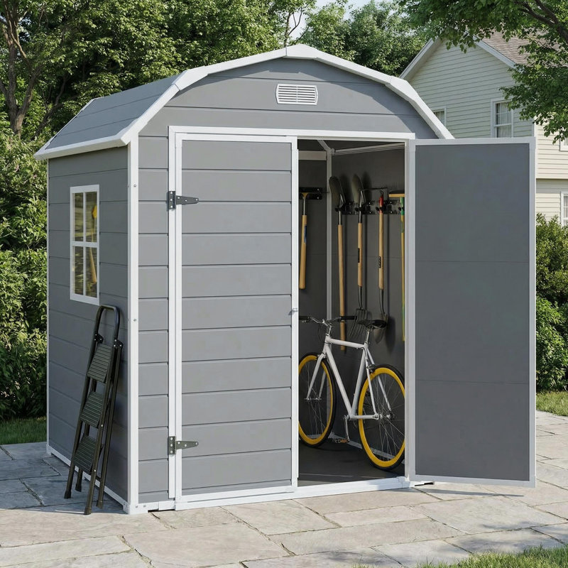 Outdoor Storage Shed Resin Garage Shed with Lockable Double Doors and Windows, Gray