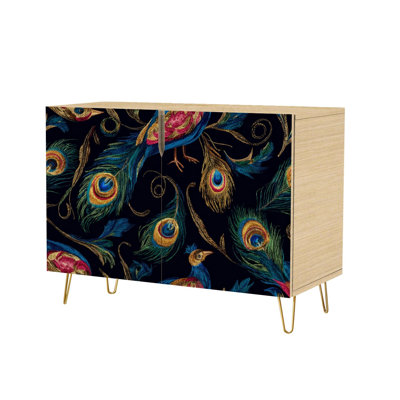 Buffet Buffet avec rangement Tendance pour les vêtements design Queues de paon Broderie paon avec 2 portes pour le salon et la cuisine