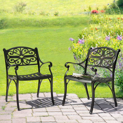Patio Cast Aluminum Dining Chairs with Armrests, Cast Aluminum Bistro Chairs of 2, Outdoor Chairs for Garden, Lawn, Porch, Backyard, Pool, Black with