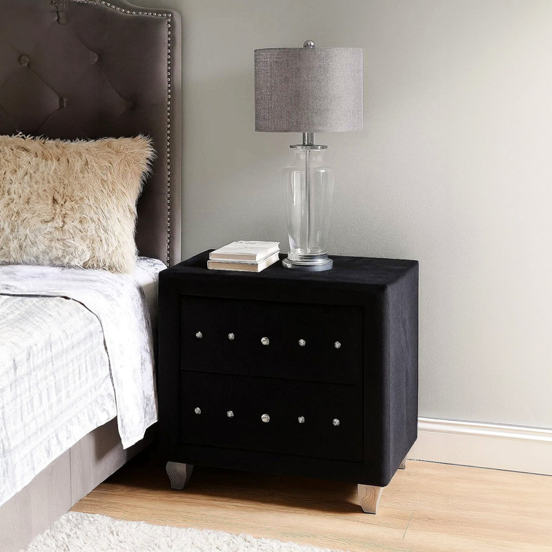 Table de chevet, 2 tiroirs avec boutons en cristal, revêtement en velours noir