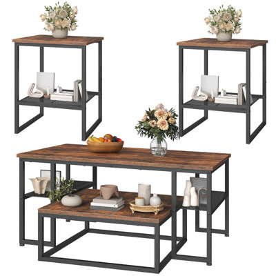 4 Pieces Coffee Table Set, Modern Farmhouse Living Room With 2 Tier Storage, Nesting Coffee Table and 2 End Tables