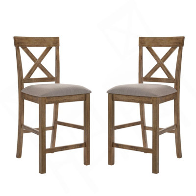 Ensemble de 2 chaises à hauteur de comptoir revêtues de lin, brun clair et chêne vieilli