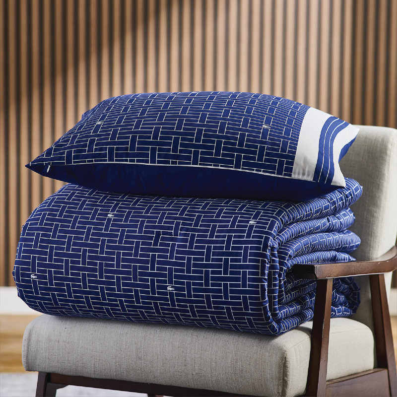Lacoste Heritage Geo Twin Size 2-Piece Comforter Set, Premium Cotton Percale Cover with Microfiber Fill, Soft Breathable All-Season, Navy