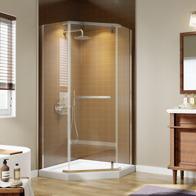 Corner Shower Enclosure 36 In. W X 72 In. H Frameless Neo-Angle Shower Enclosure, 1/4" (6Mm) Clear SGCC Tempered Glass, Pivot Shower Door In Chrome Finish,Shower Base Not Included