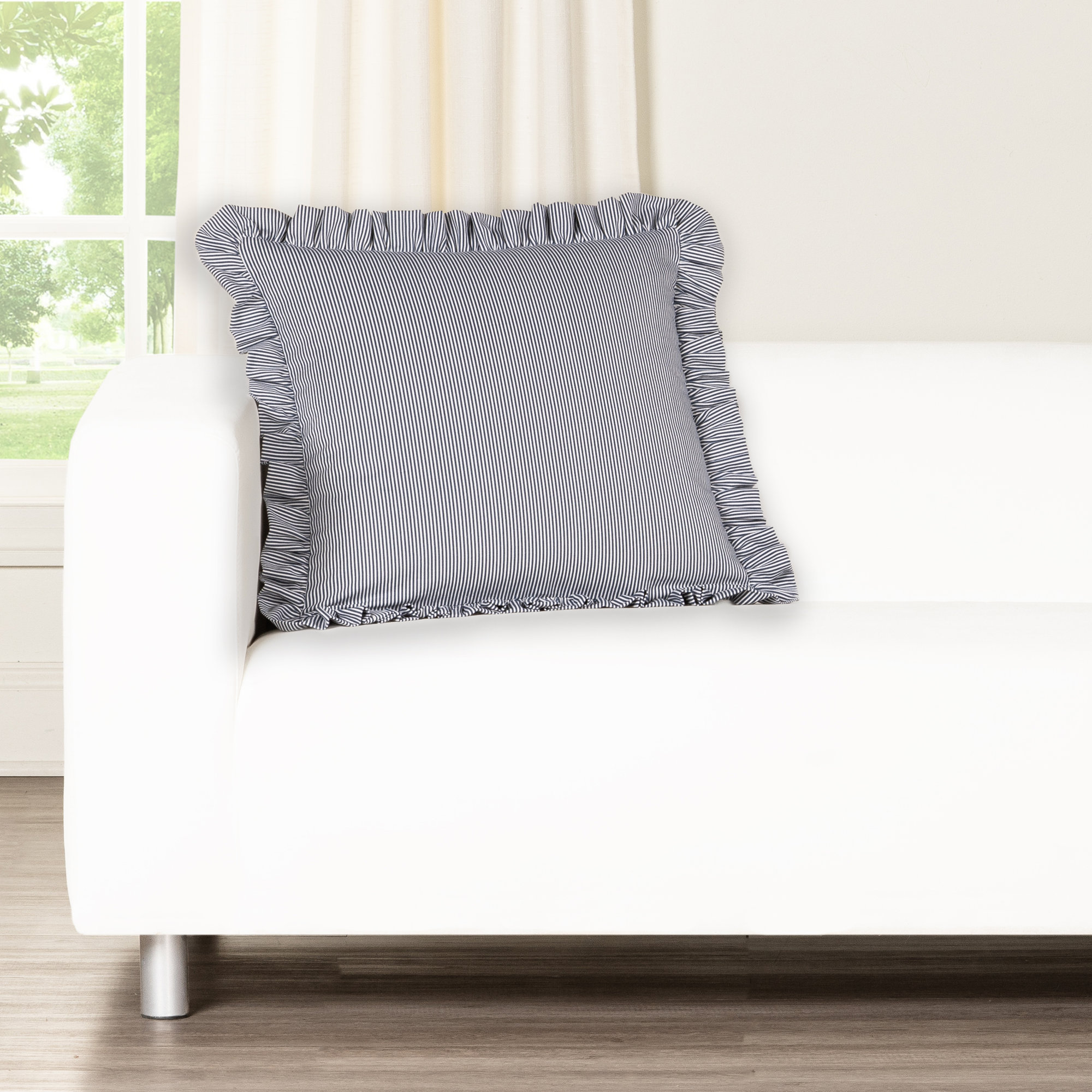 Birch Lane Oxford Stripe Ruffled Accent Pillow, Blue, Polyester