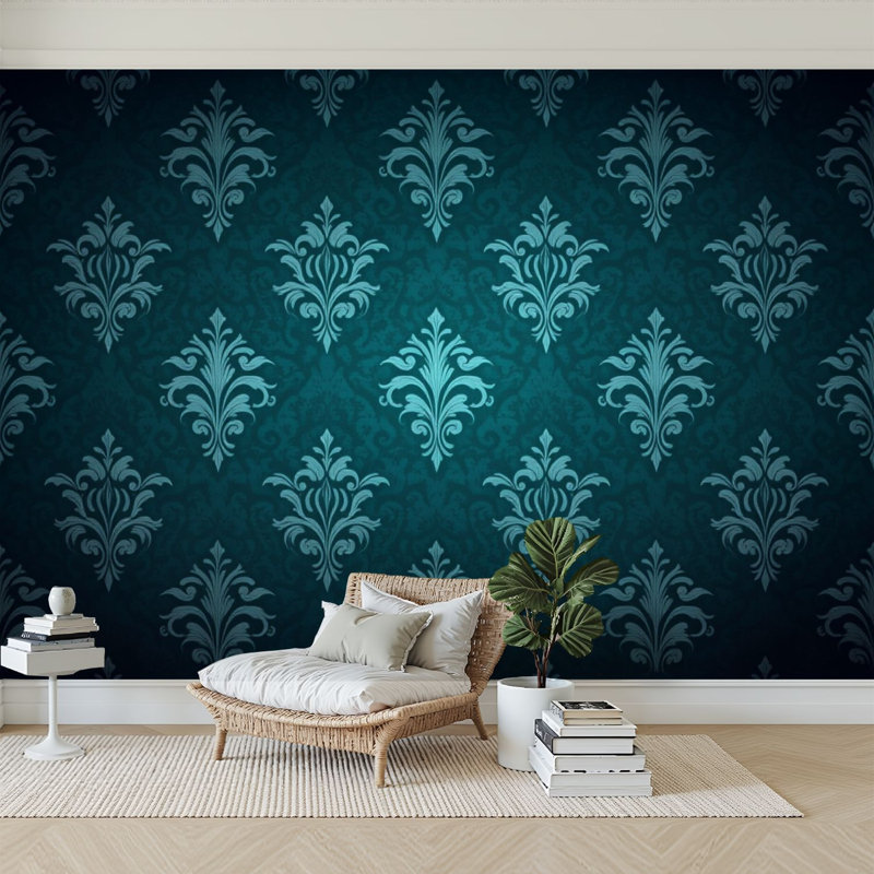 Papier peint adhésif auto-adhésif moderne pour la chambre à coucher avec imprimé victorien bleu sarcelle Peel and Stick L 144 po x l 100 po