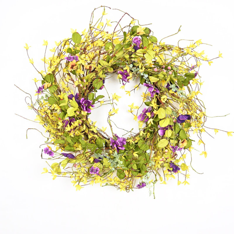 26" Artificial Farmhouse Twig Blossoms Cluster Greenery Mini Eucalyptus Wildflower Pansy Spring Summer Wreath For Front Door