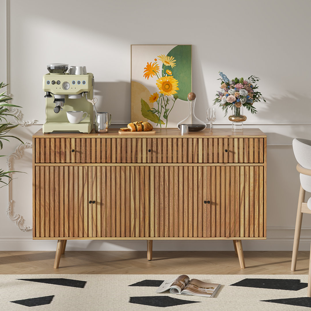 Lorriann 55.11'' Sideboard  with 4 Doors and 3 drawer, Large Fluted Kitchen Credenza Coffee Bar Cabinet George Oliver 