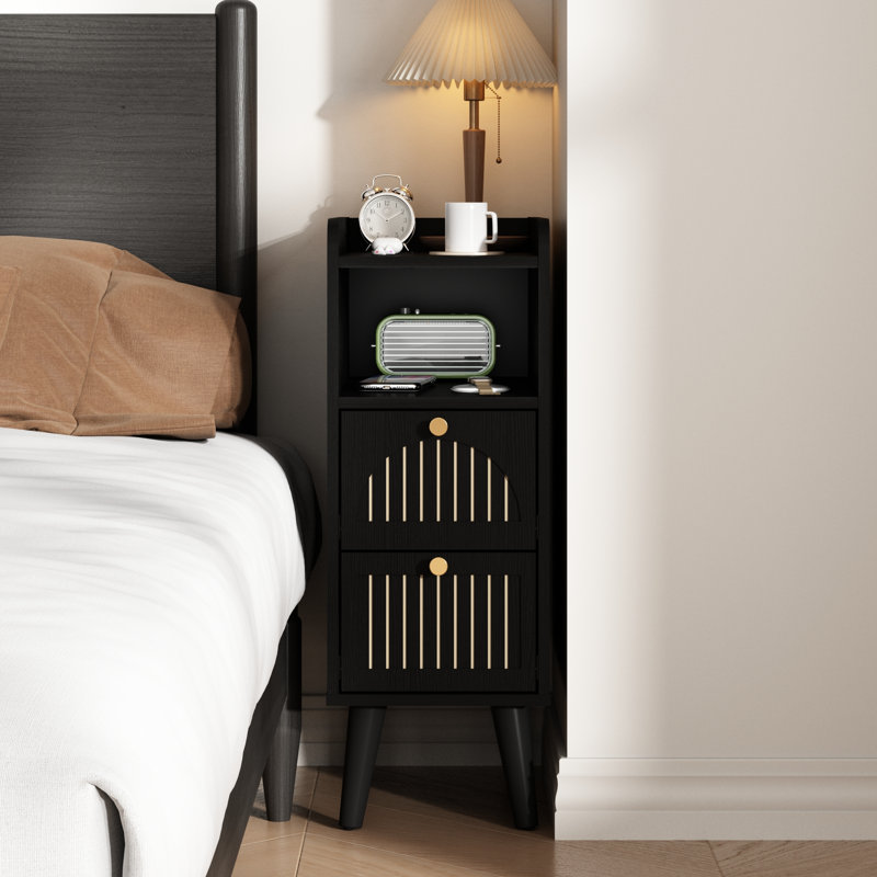 Adalia Narrow Solid Wood Nightstand With 2 Drawers, Black