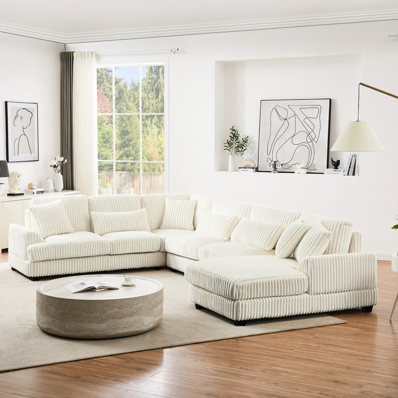 Upholstered U-Shaped Sectional With Beige Corduroy And Lumbar Pillows In Square