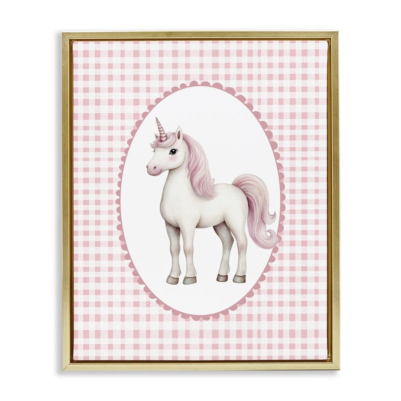Cadre flottant rose avec licorne vichy, design par Christine Simpson Art, Cadre flottant métallique doré, H 21 po x l 17 po