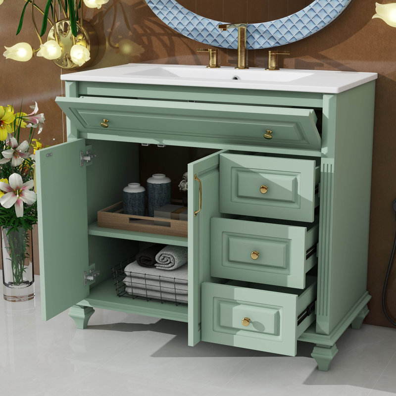 Meuble-lavabo 36 po avec lavabo, armoire de salle de bain avec tiroir rabattable, 3 tiroirs et 2 portes