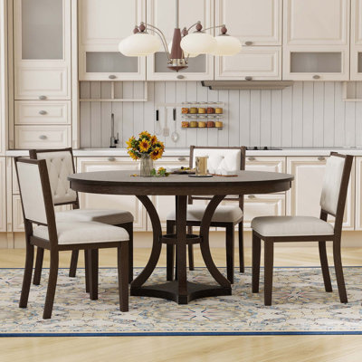 5PCS Retro Functional Dining Set, Extendable Round Table With 4 Upholstered Chairs For Dining Room And Living Room
