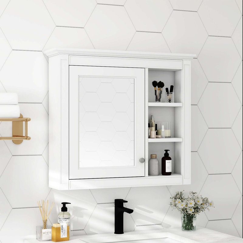 Armoire à pharmacie murale moderne avec miroir et 3 tablettes ouvertes, Blanc